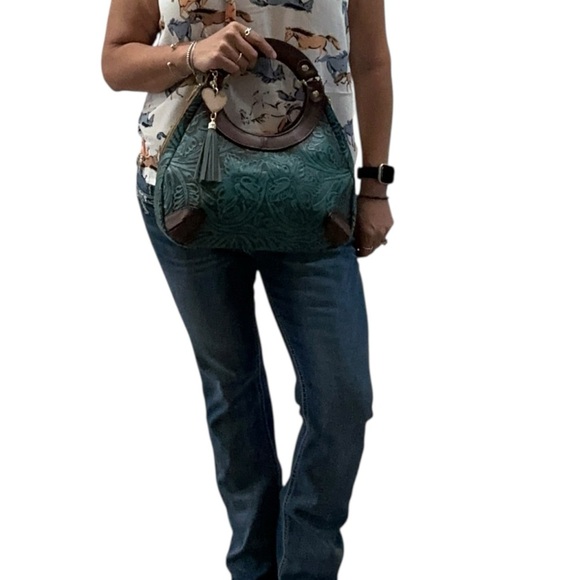 Artesanal Hand Tooled & Painted Vegan Leather Handbag Clutch Brown Turquoise - Picture 14 of 15